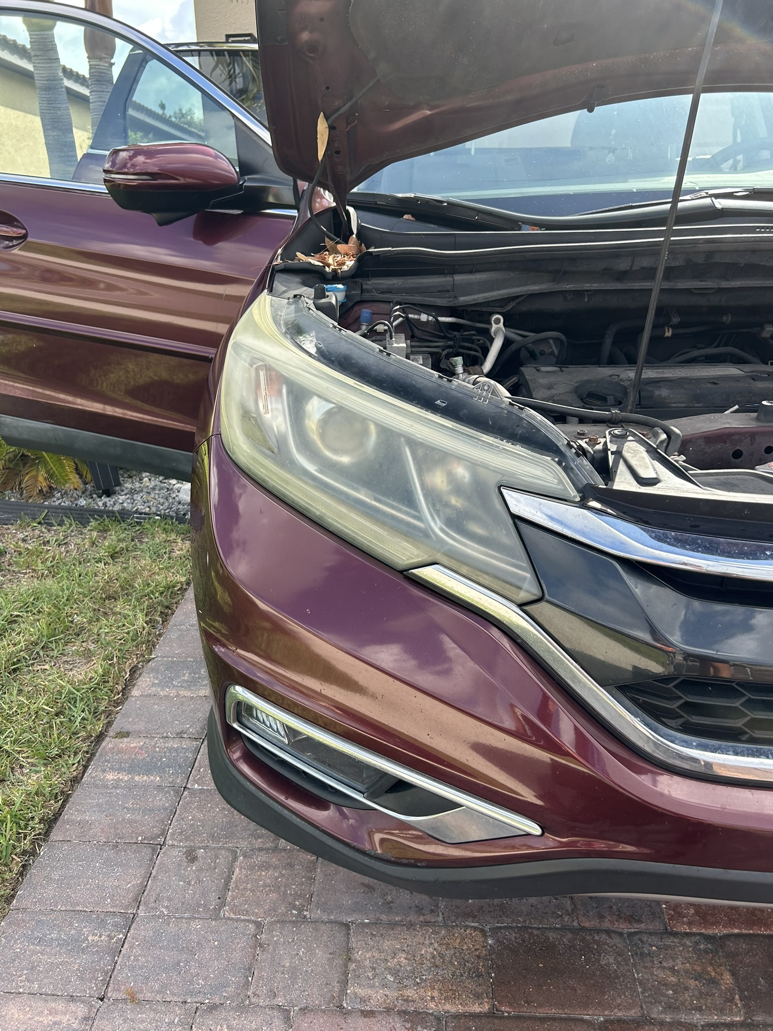 Oxidized Honda headlight before restoration in North Port, Florida